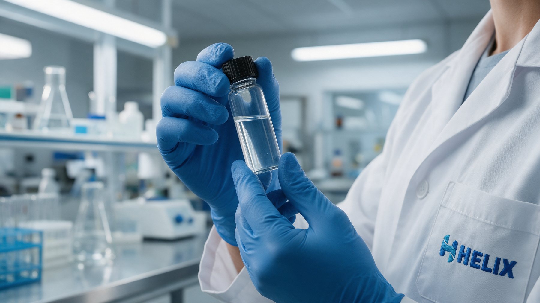 Gloved hands holding a sample vial, HELIX on the coat
