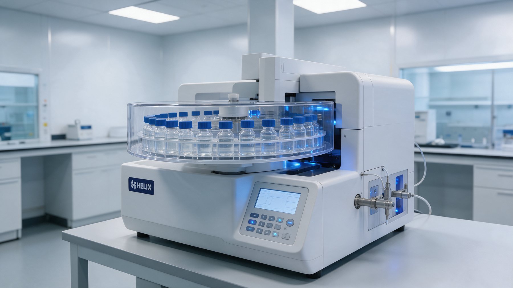 Chromatography instrument with a HELIX plate, sample vials loaded in its tray