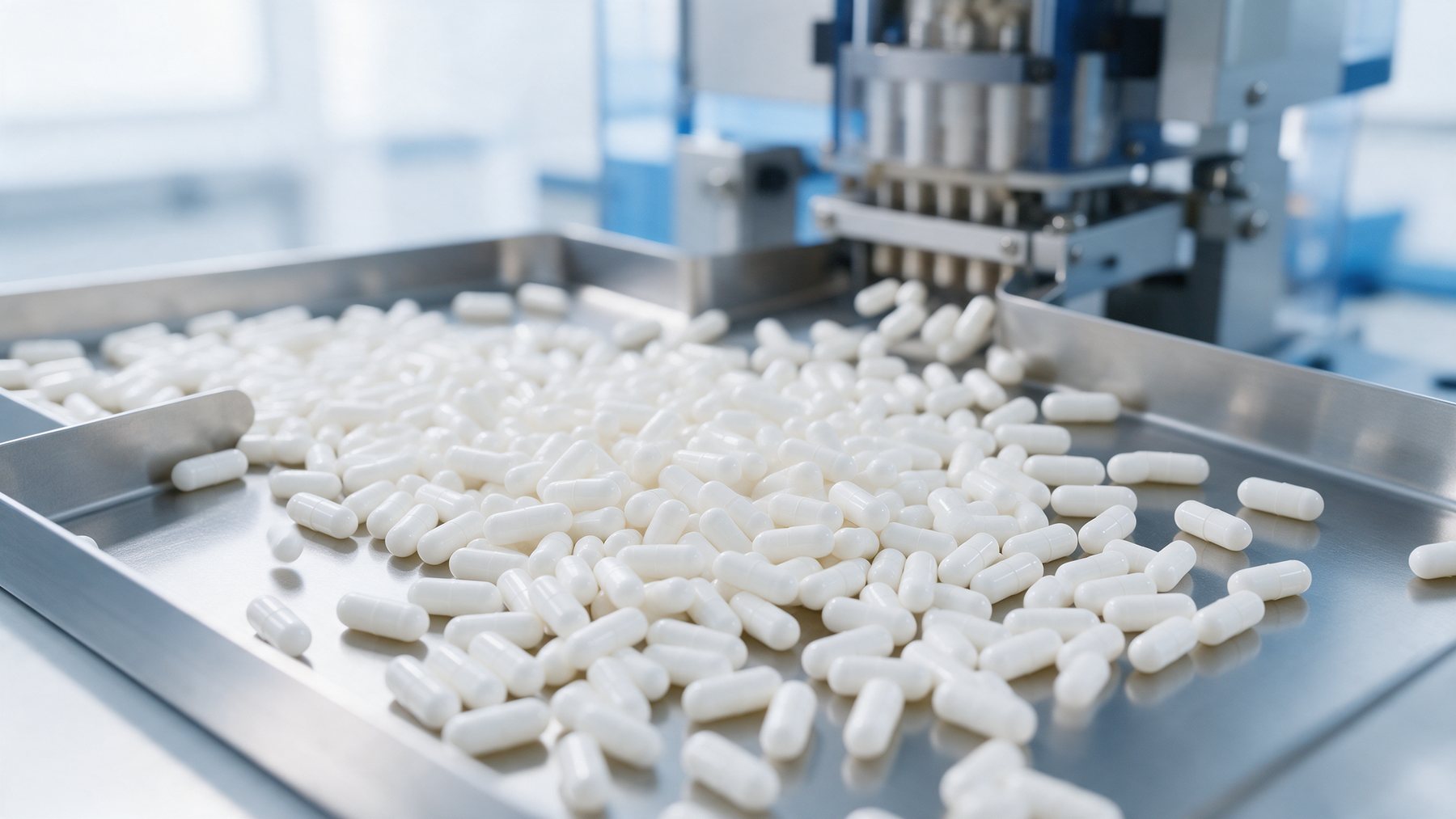 Capsules on a stainless tray at intake