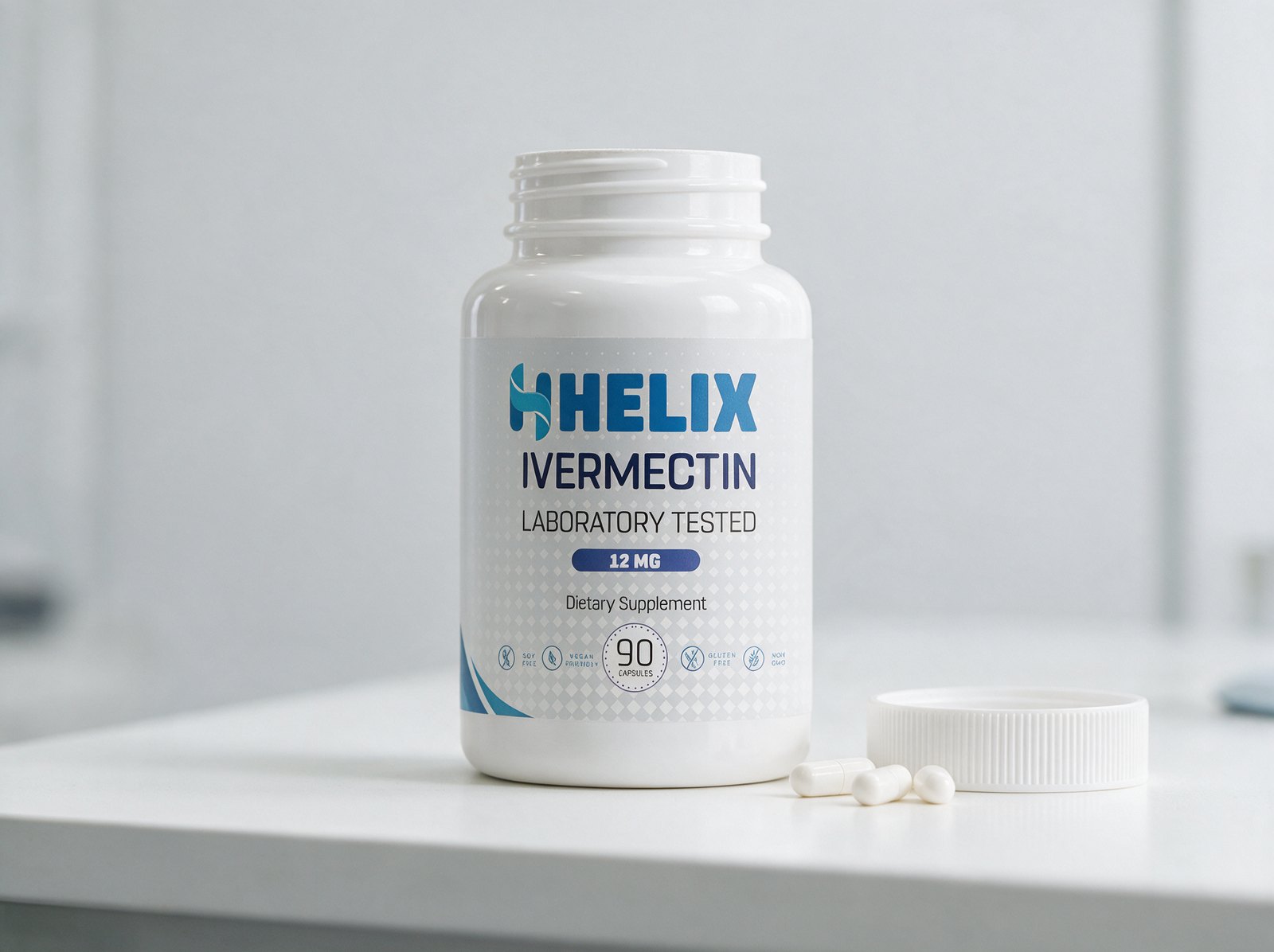 HELIX bottle, cap and capsules on a bench