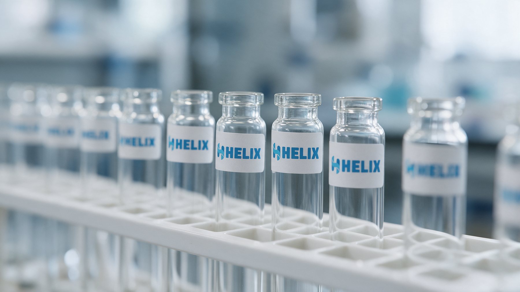 Sample vials with HELIX labels in a rack on the laboratory bench