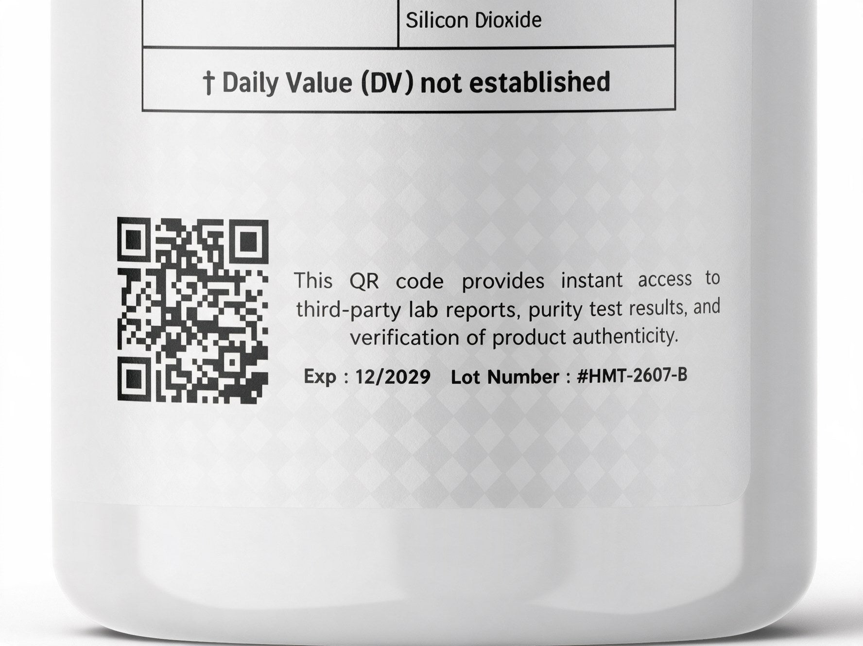 Close-up of the label: QR code, the sentence beside it, and the line Exp 12/2029, Lot Number HMT-2607-B
