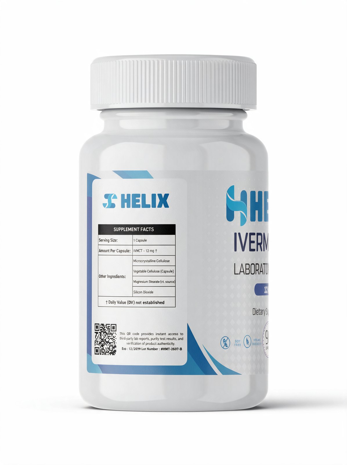 HELIX IVMCT bottle turned to the Supplement Facts panel; the QR code and lot line sit at its foot