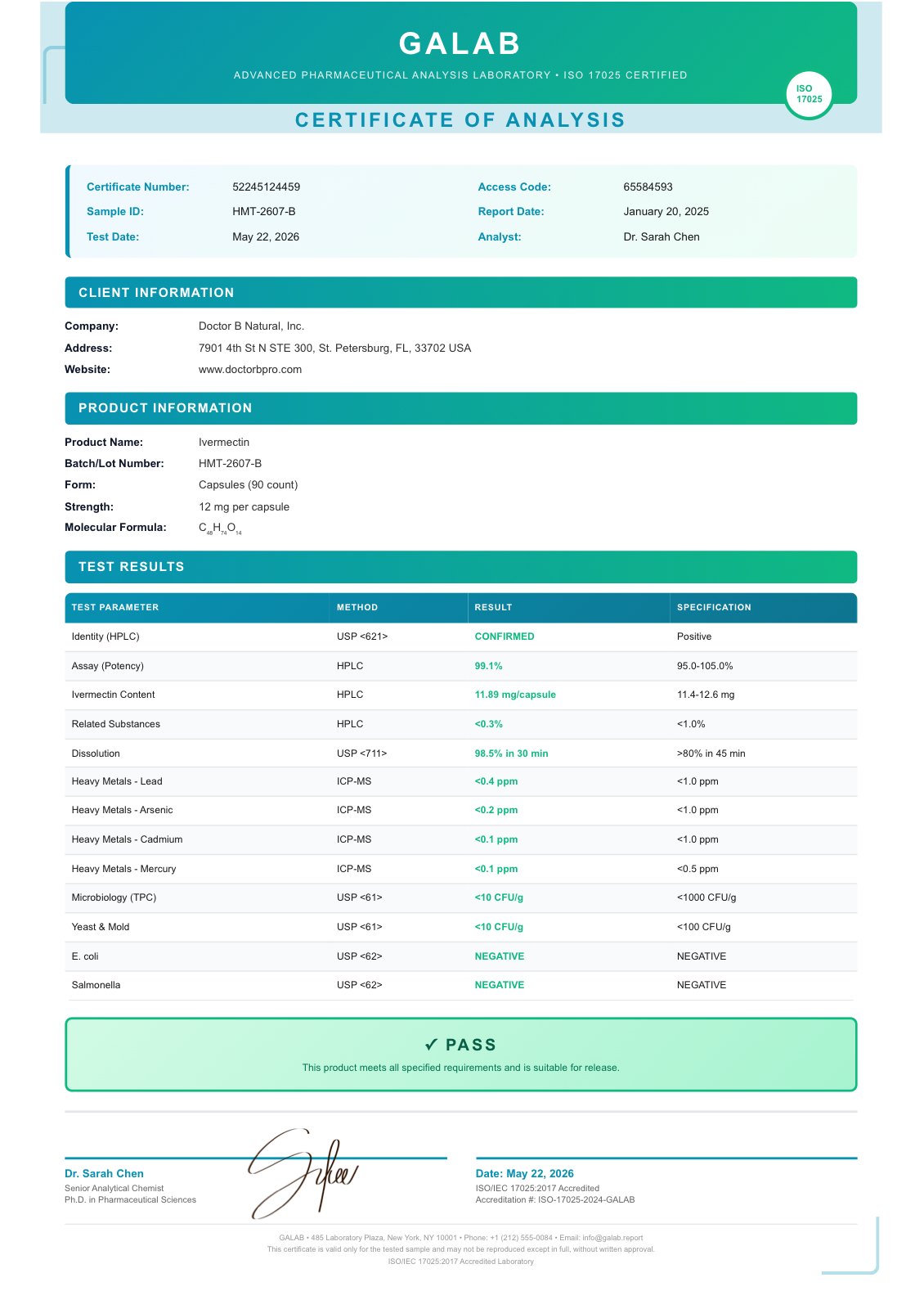GALAB certificate of analysis for lot HMT-2607-B, result PASS